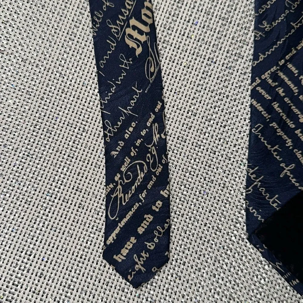 Museum Artifacts Navy Ivory Cursive Print Textured Silk Tie